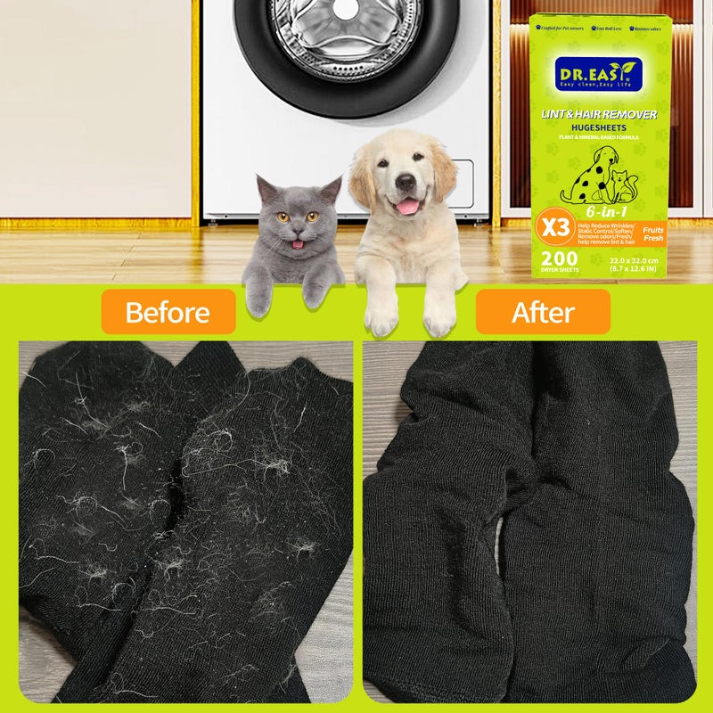 DR. EASY Dr.Easy LINT & HAIR REMOVER Pet HUGESHEETS with 3X ODOR REMOVE Dryer Sheets, Fruits Fresh, 200 Count,PLANT&MINERAL-BASED FORMULA - Image 2